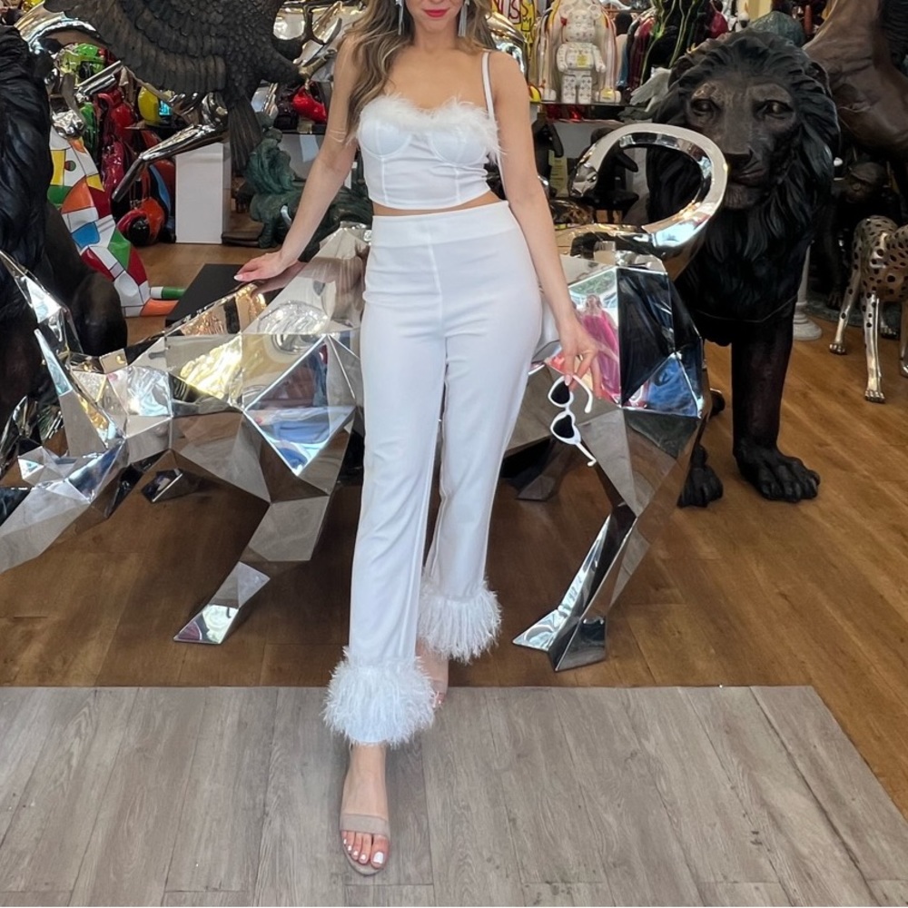ASOS feather trim pants & SHEIN matching top